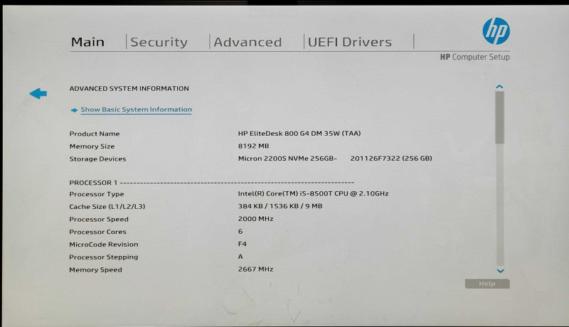HP EliteDesk 800 G4 USFF, i5-8500T 2.10GHz 6C, 8GB DDR4, 256GB NVMe, WiFi