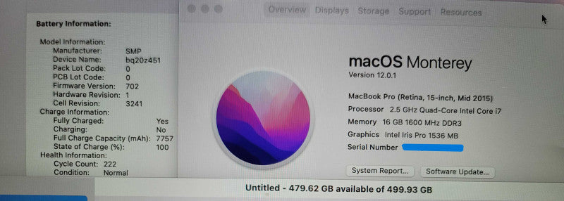 Macbook Pro Retina 15" 2015| i7-4770HQ @ 2.8GHz| 16GB DDR3| 500GB SSD  β
