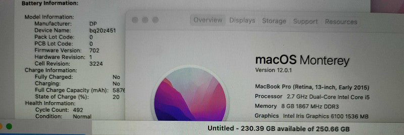 MacBook Pro Retina 13" 2015| i5-5257U @2.7GHz| 8GB DDR3| 250GB SSD/ READ β