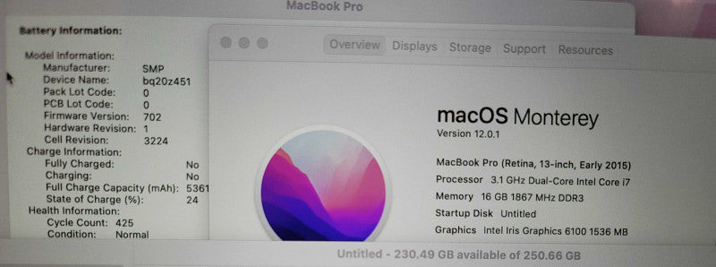 MacBook Pro Retina 13" 2015| i7-5557U @3.1GHz| 8GB DDR3| 250GB SSD/ READ  β