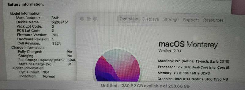 MacBook Pro Retina 13" 2015| i5-5257U @2.7GHz| 8GB DDR3| 250GB SSD β Lap200