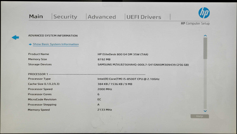 HP EliteDesk 800 G4 USFF, i5-8500T 2.10GHz 6C, 8GB DDR4, 256GB NVMe, WiFi