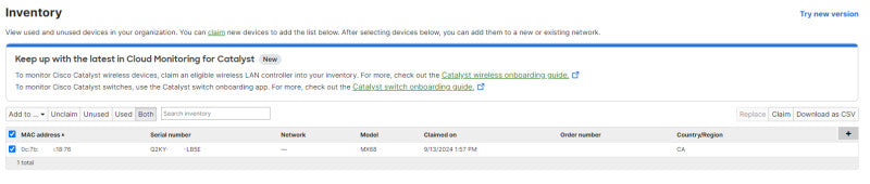 Cisco Meraki MX68-HW Cloud Managed Firewall VPN, Unclaimed