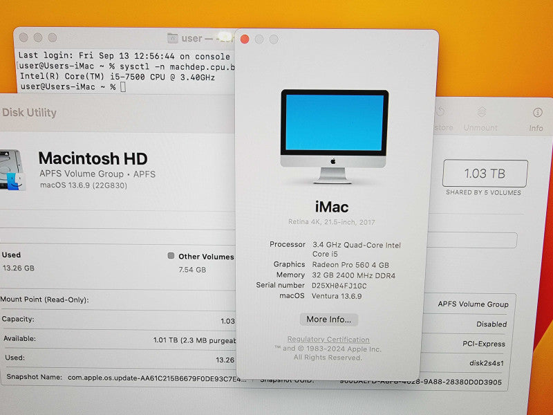 Apple iMac Retina 4K 2017 21.5" 4-Core i5-7500 @ 3.4GHz 32GB DDR4 1TB FusionDrive Radeon Pro 560 4GB (