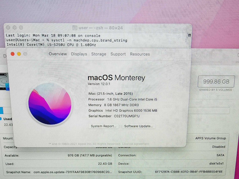 Apple iMac 2015 21.5" 2-Core i5-5250U @ 1.6GHz 8GB DDR3 1TB HDD (