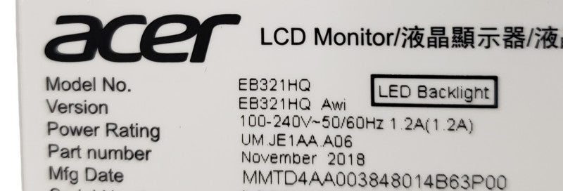 Acer EB1 EB321HQ Awi 31.5" Widescreen IPS LCD Monitor Q