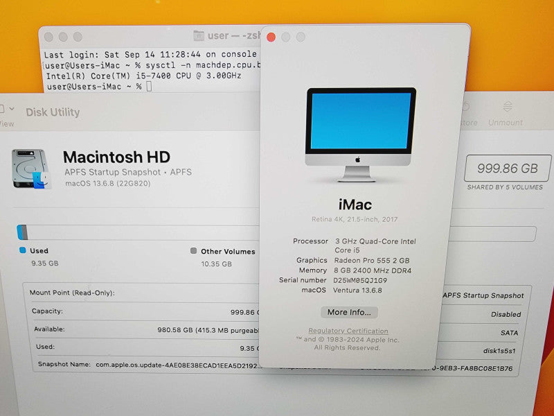 Apple iMac Retina 4K 2017 21.5" 4-Core i5-7400 @ 3.0GHz 8GB DDR4 1TB HDD (