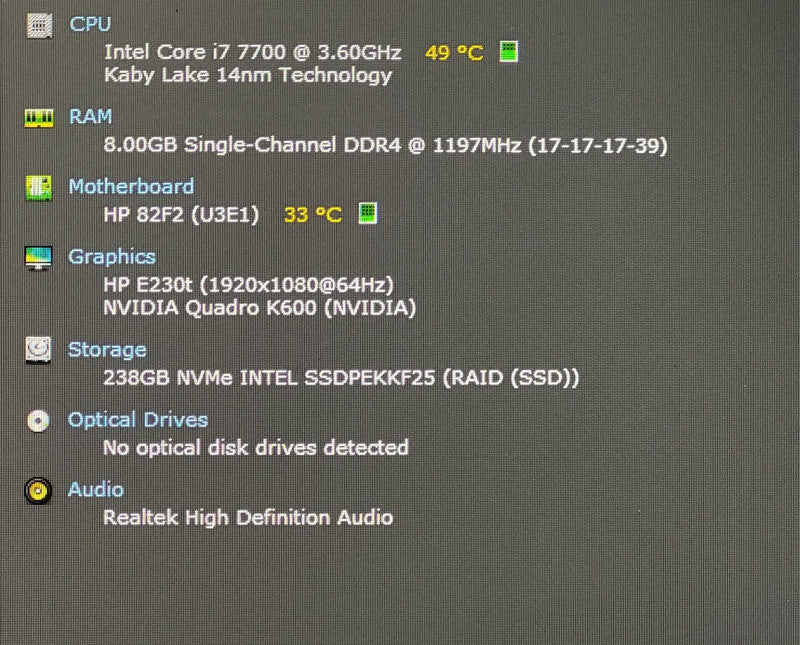 HP Pavilion 570-p0xx Desktop, i7-7700 3.60GHz, 8GB DDR4, 256GB NVMe, K600