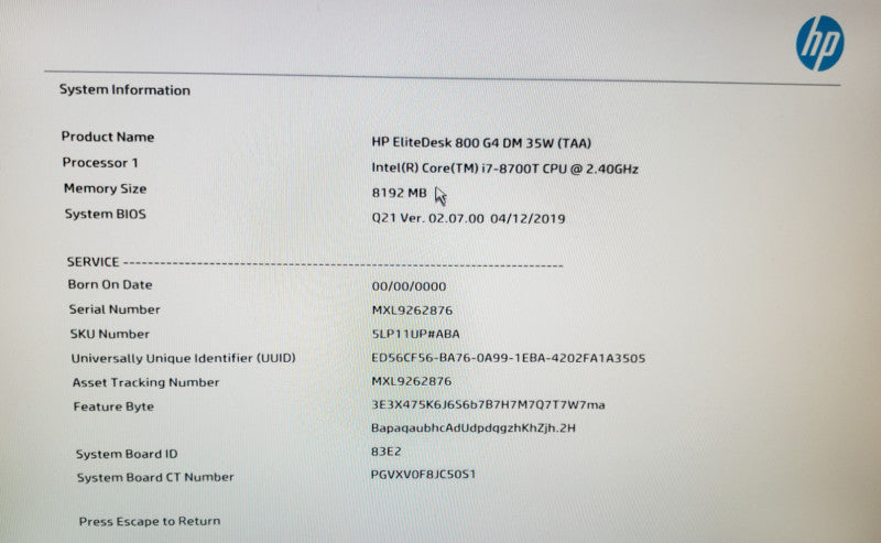 HP EliteDesk 800 G4 | i7-8700T @ 3.10GHz|8GB RAM | 500GB SSD