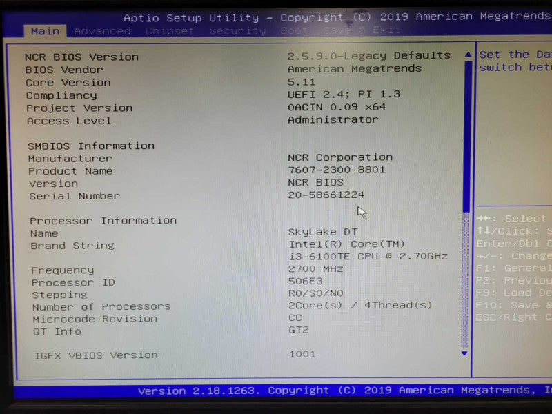 NCR 7607-2300-8801 REALPOS Core I3-6100TE 2.7GHz, 4GB RAM, No HDD