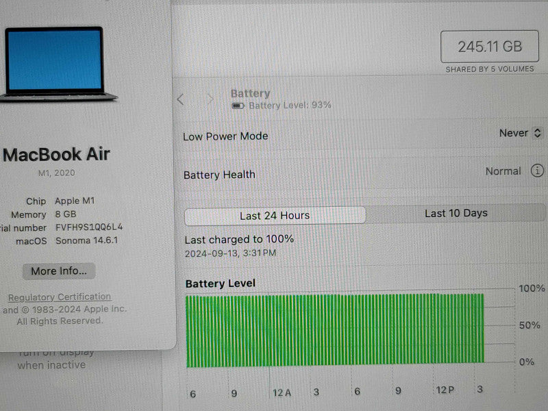 MacBook Air A2337 | Apple M1 | 8GB RAM | 250GB SSD  no adapter β