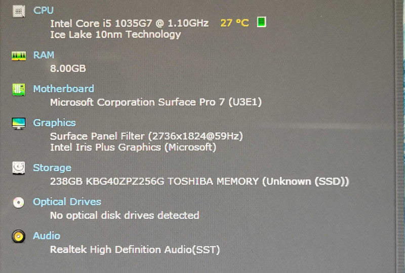 Microsoft Surface Pro 7 (1866), i5-1035G7 1.10GHz, 8GB RAM, 256GB SSD, READ