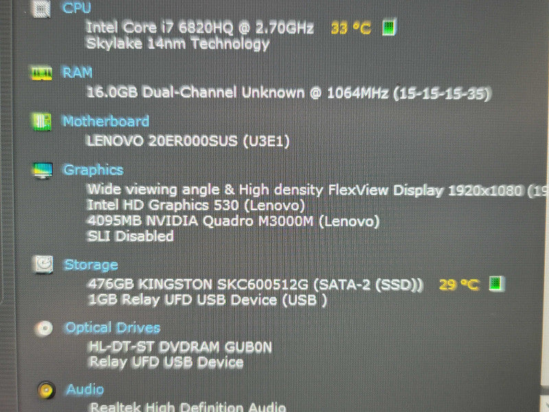 Lenovo ThinkPad P70| i7-6820HQ| Quadro M3000M| 500 GB SATA SSD NO BATTERY  β Lap200