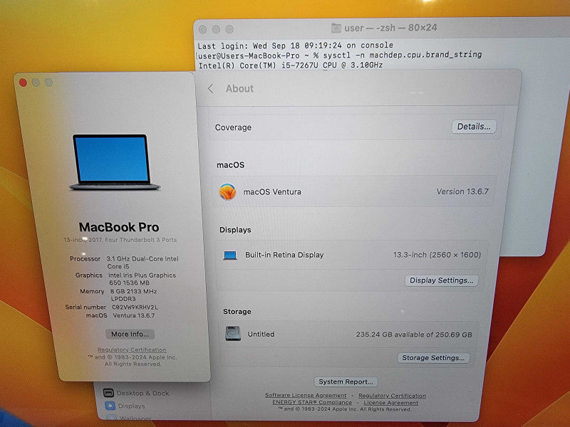 MacBook Pro 2017 1706 13" | 2-Core i5-7267U @3.1GHz | 8GB DDR3 | 250GB SSD  Lap200