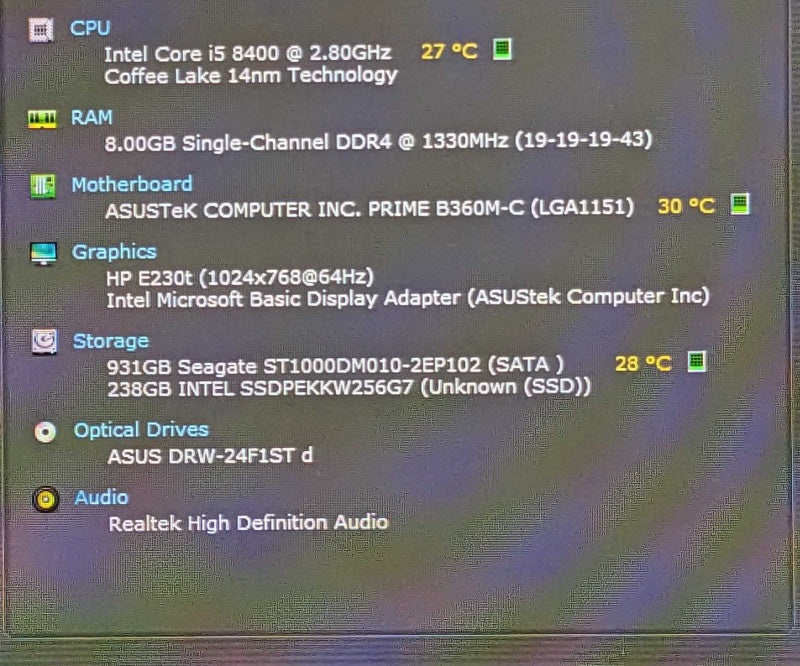 Custom PC, ASUS Prime B360-C, Intel i5 8400 @ 2.80GHz, 8GB DDR4, 1TB HDD, 256 GB NVMe