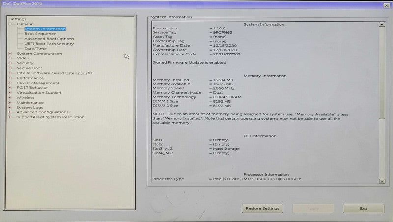 Dell OptiPlex 3070 SFF, i5-9500 3.00GHz 6C, 16GB DDR4, 512GB NVMe