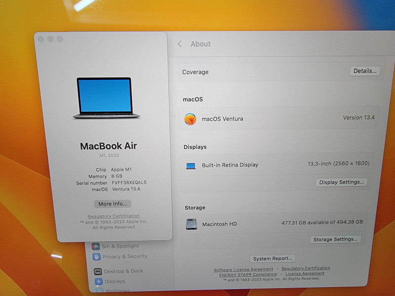 MacBook Air 2020 A2337 13" | 8-Core M1 @3.2GHz | 8GB RAM | 500GB SSD