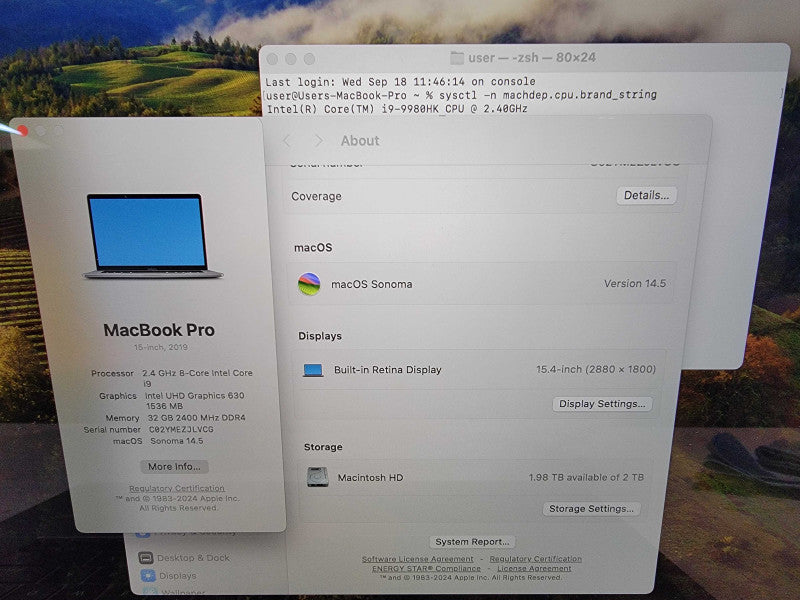 MacBook Pro A1990 Retina 15" | 8-Core i9-9980HK @2.4GHz | 32GB DDR4 | 2TB SSD