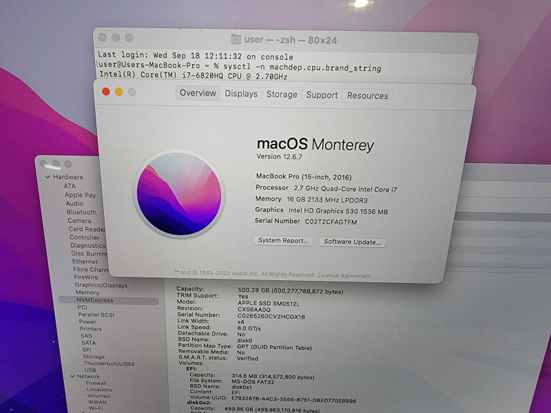 MacBook Pro A1707 15" | 4-Core i7-6820HQ @2.7GHz | 16GB DDR3 | 500GB SSD