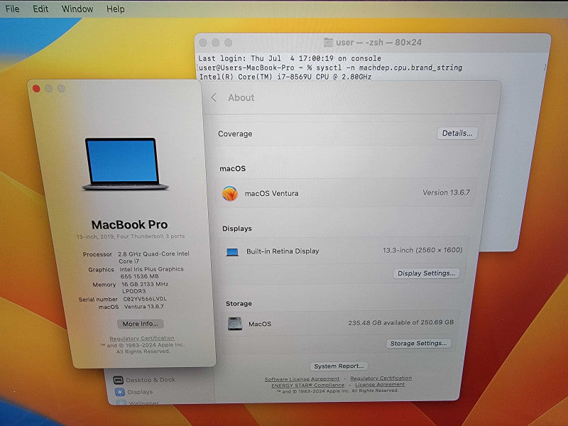 MacBook Pro Retina 13" A1989 | i7-8569U @2.8GHz | 16GB DDR3 |250GB SSD - READ