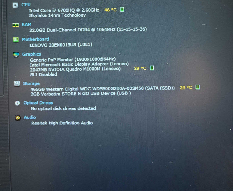 Lenovo ThinkPad P50 i7-6700Q@2.6GHz QUADRO M1000M 2GB GPU 32GB RAM 500GB SSD Q Lap200