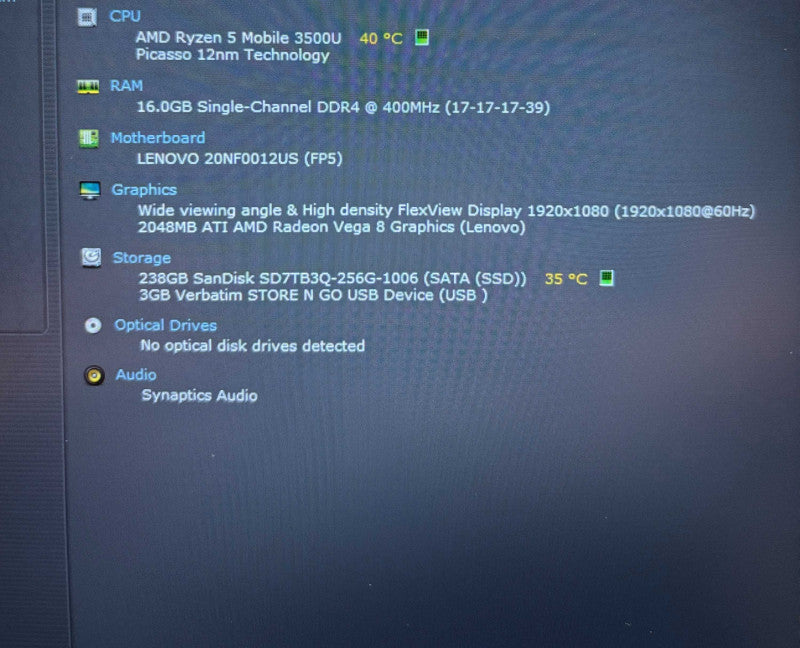 Lenovo ThinkPad E595A MD Ryzen 5 3500U Radeon Vega 8GPU 16GB RAM 256GB SSD  Lap200