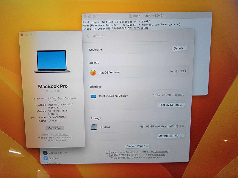 MacBook Pro Retina 15" 2017 | i7-7820H @2.9GHz | 16GB DDR3 | 500GB SSD | Pro 560