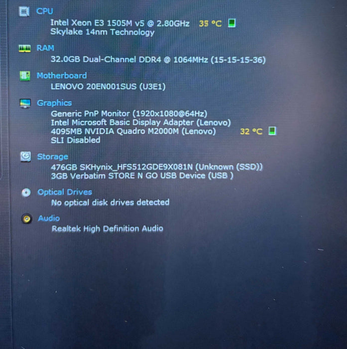 Lenovo ThinkPad P50 XEON E3-1505M@2.8Gh QUADRO M2000M 4GB GPU 32GB RAM 512SSD Q Lap200