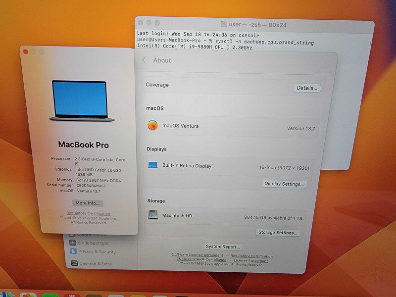 MacBook Pro Retina 16" | 8-Core i9-9980H @2.3GHz | 32GB DDR4 | 1TB SSD - READ