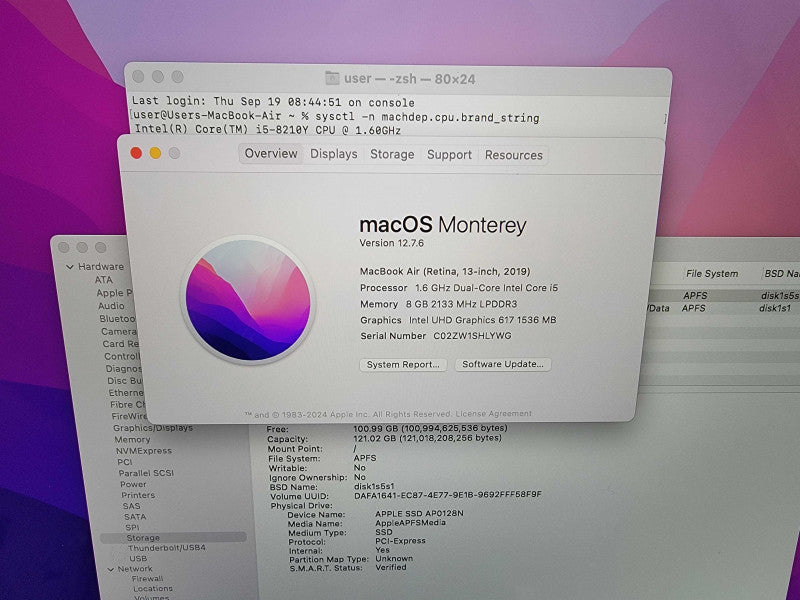 MacBook Air Retina 13" 2019 | i5-8210Y @1.6GHz | 8GB DDR3 | 120GB SSD
