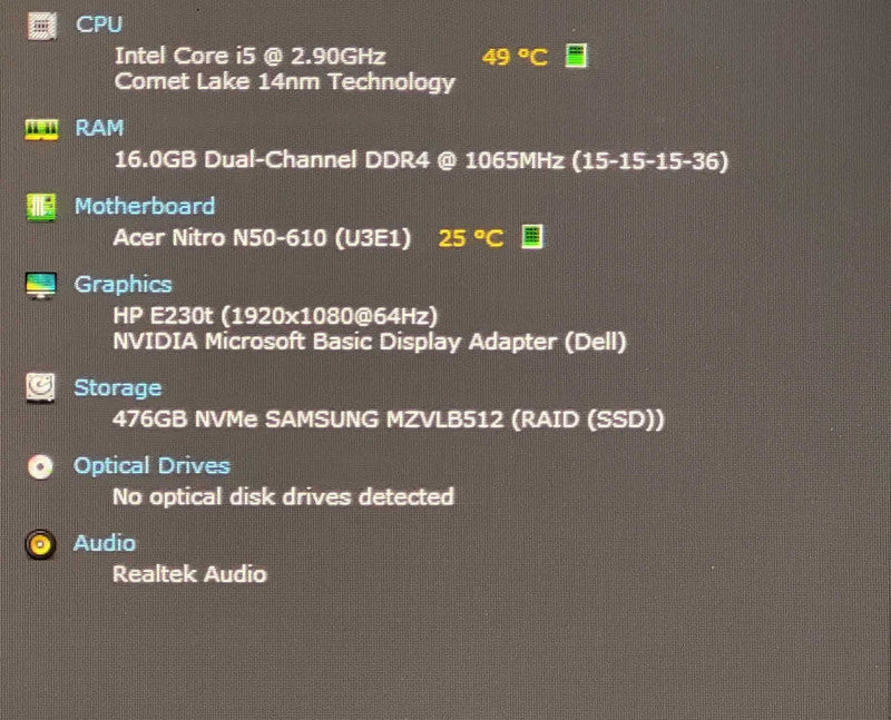 Acer Nitro N50-610 Gaming Desktop, i5-10400F 2.90GHz, 16GB DDR4, 512GB NVMe