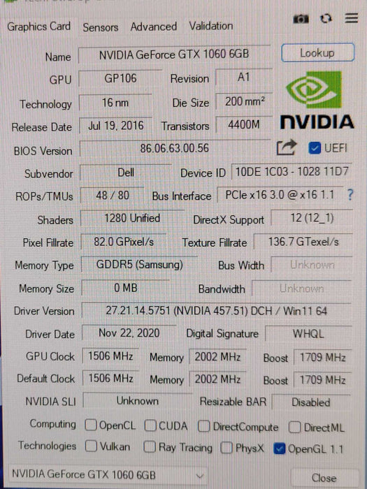 NVIDIA GTX 1060 6GB Graphics Card Dell 02FNM3 DVI/Display/HDMI _