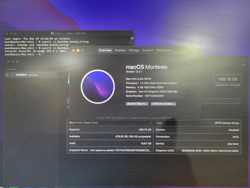 Mac Mini Late 2014, Core I5-4260U 1.4GHz, 4GB RAM, 500GB HDD, OS Monterey !