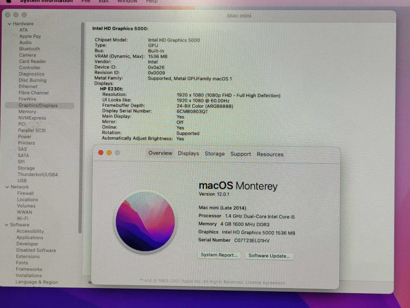 Mac Mini (Late 2014), i5-4260U 1.4GHz, 4GB DDR3, 500GB HDD, Model: A1347