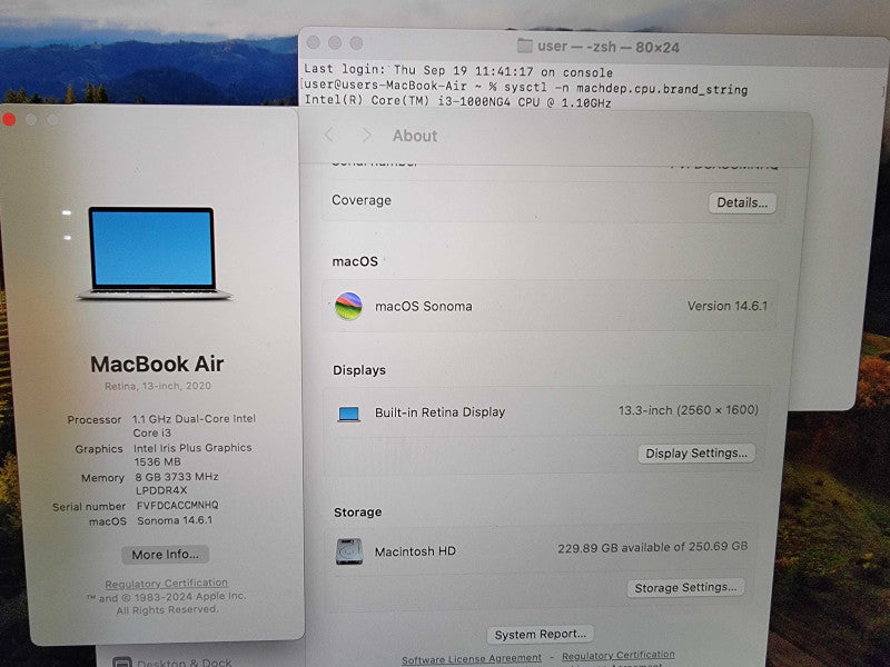 Apple Macbook Air 2020 13" 2-Core i3-1000NG4 @1.1GHz 8GB DDR4 120GB SSD -READ