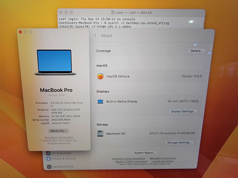 MacBook Pro Retina 16" | i7-9750H @2.6GHz 32GB DDR4 500GB SSD Pro5300M - READ
