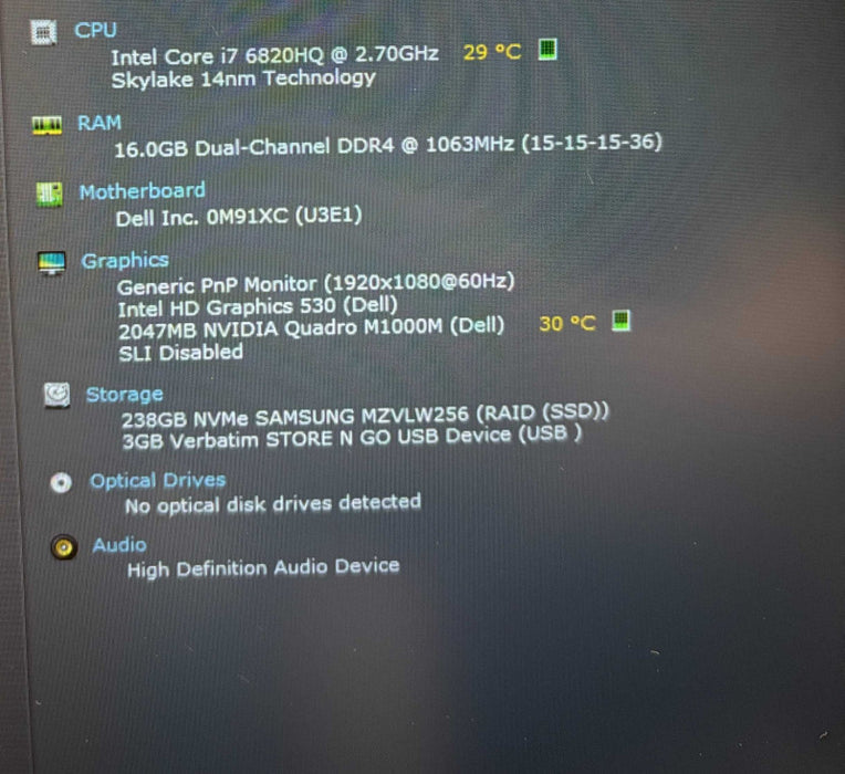 Dell Precision 7510 i7-6820HQ@2.7GHz QUADRO M1000M 2GB GPU 16GB RAM 256GB SSD  Lap200