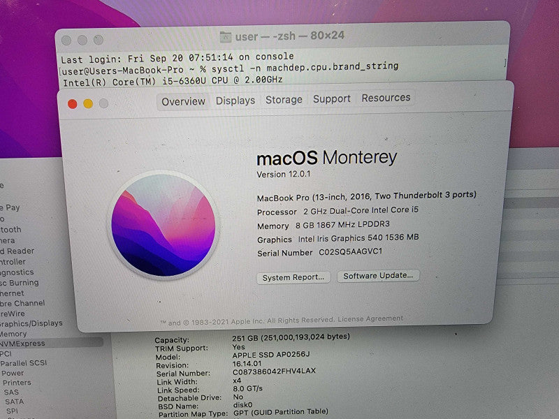 Apple MacBook 2016 A1708 13" i5-6360 @2.00GHz 8GB DDR3 250GB SSD - READ
