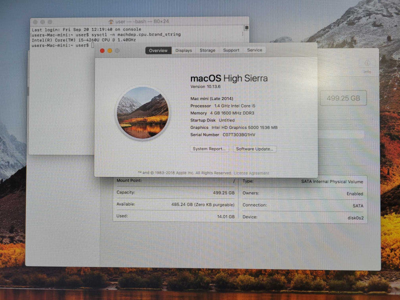 Mac Mini Late 2014, Core I5-4260U 1.4GHz, 4GB RAM, 500GB HDD, OS High Sierra !
