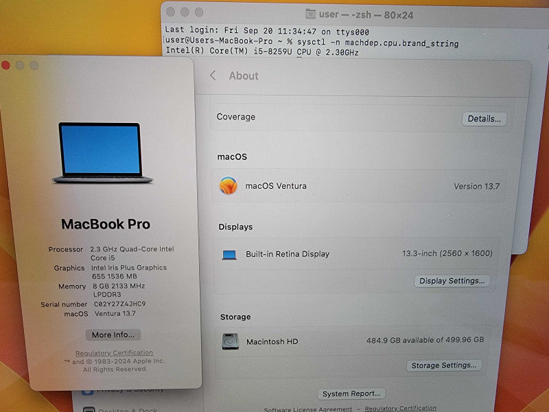 Apple MacBook Pro 2018 13" 4-Core i5-8259U @ 2.3GHz 8GB DDR3 500GB SSD - READ