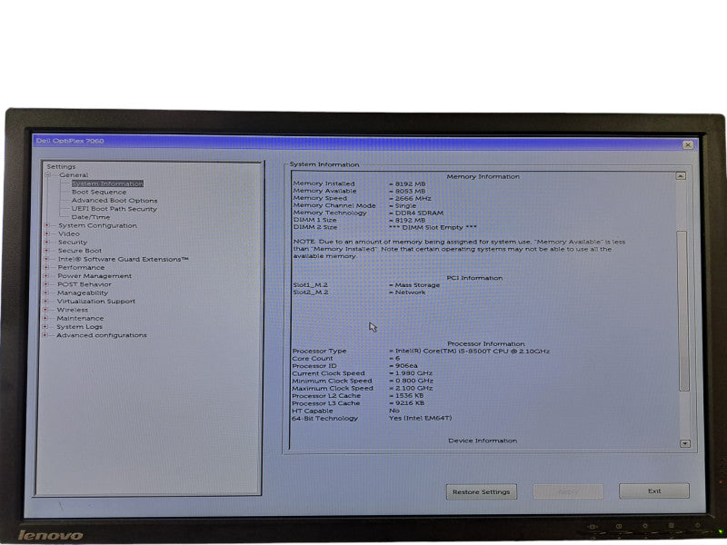 Dell OptiPlex 7060 USFF | i5-8500T @ 2.10GHz 6C, 8GB DDR4, 256GB NVMe, Wi-Fi