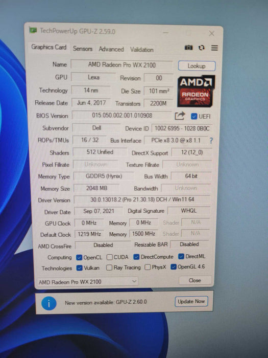 AMD Radeon Pro WX 2100 2GB GDDR5 Graphics Card 2xMini/1x DisplayPort Low prof !