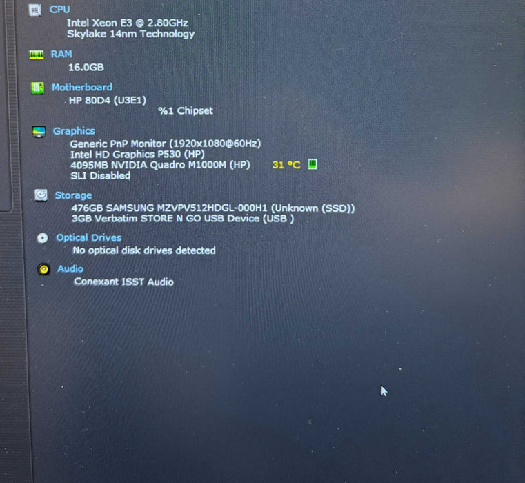 HP ZBook Studio G3 XEON E3-1505M@2.8GHz QUADRO M1000M 4GB GPU 16GB RAM 512SSD  Lap200