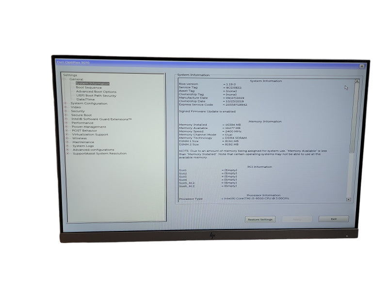 Dell OptiPlex 3070 Core i5 - 9500 CPU @ 3.00GHz 16GB DDR4 Ram θ