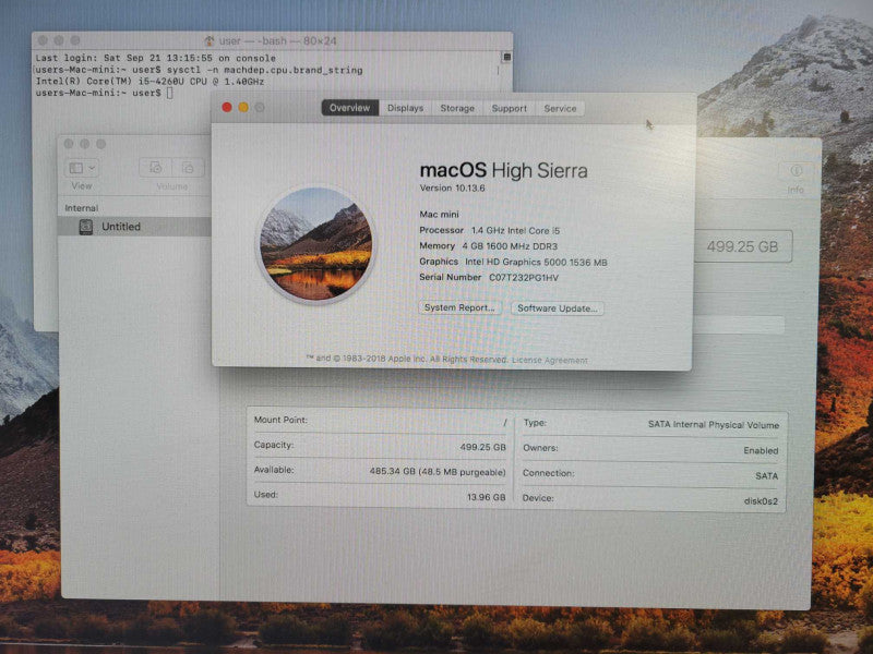 Mac Mini Late 2014, Core I5-4260U 1.4GHz, 4GB RAM, 500GB HDD, OS High Sierra !