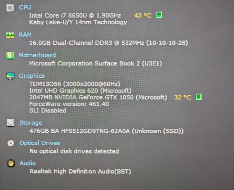 Microsoft Surface Book 2 Laptop 13.5", i7-8650U, 16GB Ram, 512GB SSD, GTX 1050  Lap200