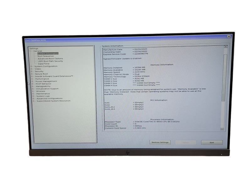 Dell Optiplex 5070 SFF Intel i5 - 9600 CPU @ 3.10GHz 16GB DDR4 Ram  θ