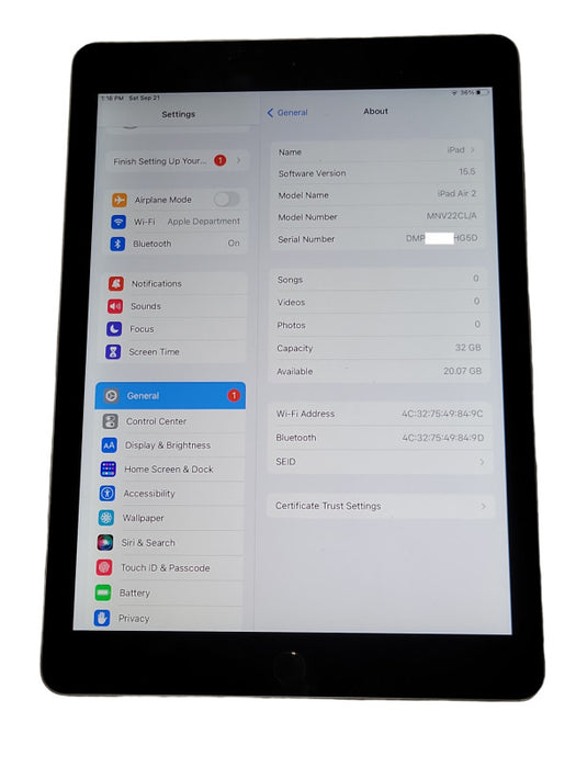 Apple iPad Air 2 32GB Wi-Fi A1566 _