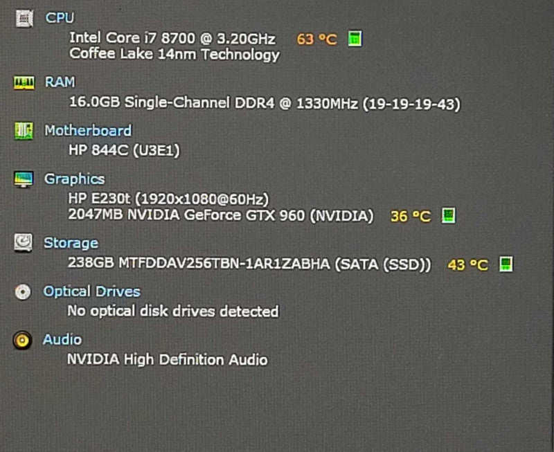 HP Pavilion Gaming Desktop, i7-8700 3.20GHz, 16GB DDR4, 256GB NVMe, GTX 960 2GB
