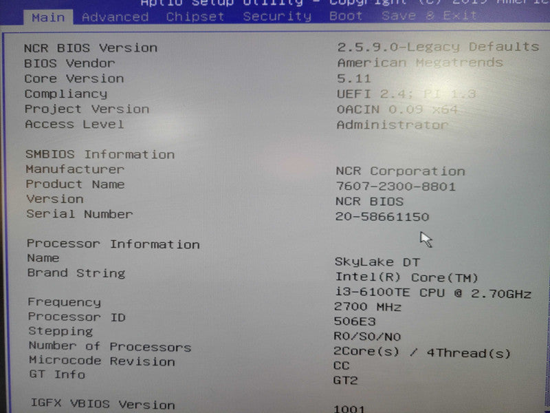 NCR 7607-2300-8801 REALPOS Core I3-6100TE 2.7GHz, 4GB RAM, No HDD !